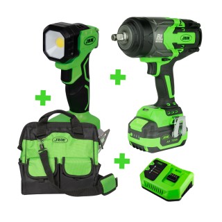 60044 CLÉ À CHOC 1/2 + 60015 BATTERIE 6.0 AH+ 60016 CHARGEUR 20 V - 4A+ 60035 LIGHT + 53702