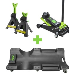 53779 JEU DE CHANDELLES À CREMAILLÈRE 3 TON + 52148 CHARIOT DE VISITE FIXE + 50818 CRIC ROULEUR 3,5T