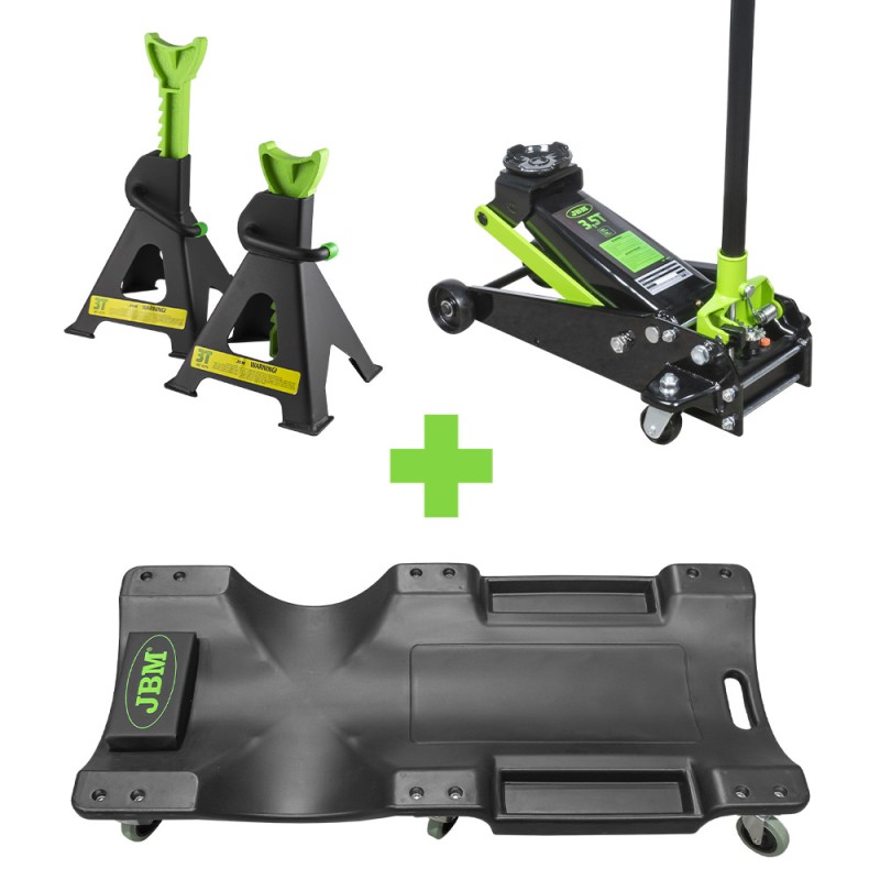 53779 JEU DE CHANDELLES À CREMAILLÈRE 3 TON + 52148 CHARIOT DE VISITE FIXE + 50818 CRIC ROULEUR 3,5T