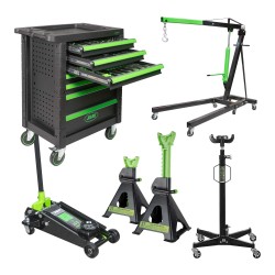 53904 SERVANTE 7 TIROIRS+50831 GRUE 2T+50818 CRIC 3,5T + 53779 CHANDELLES 3T + 54001 VÉRIN FOSSE