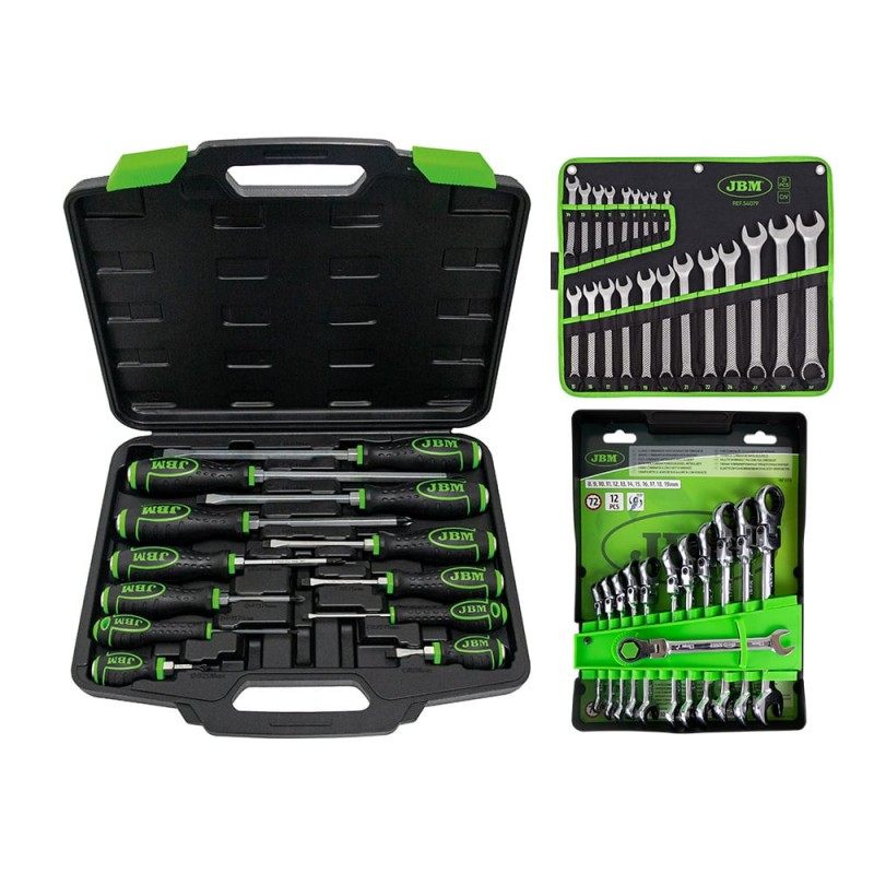 54126 JEU DE TOURNEVIS À FRAPPER+ 54079 JEU DE 21 CLÉS MIXTES+ 51318 CLÉS MIXTES A CLIQUET ARTICULÉE