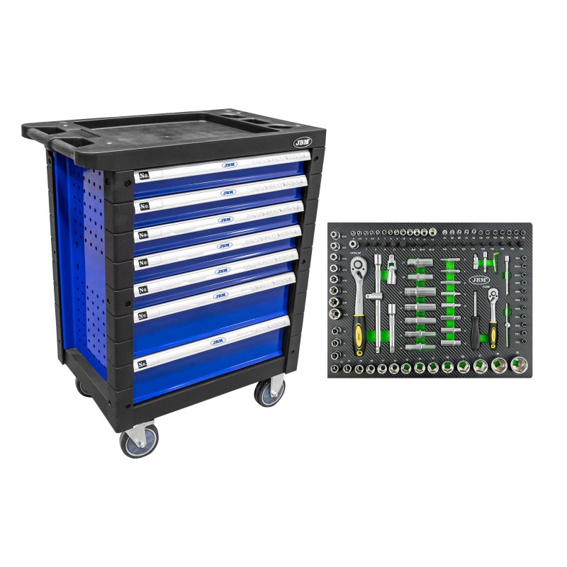 SERVANTE DE 7 TIRORS SANS OUTILS - BLEU + 14296Y MODULE DE DOUILLES 108 PIÈCES 6 PANS - OUTILS