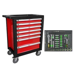 SERVANTE DE 7 TIRORS SANS OUTILS - ROUGE + 14296Y MODULE DE DOUILLES 108 PIÈCES 6 PANS - OUTILS
