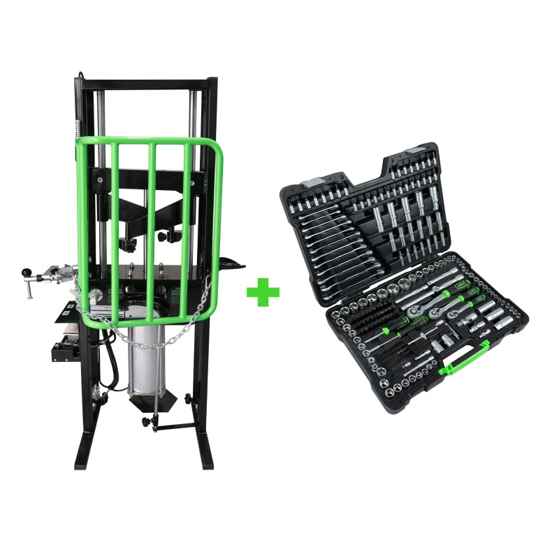 COMPRESSEUR PNEUMATIQUE À RESSORT 1T + COFFRET À OUTILS DE 216 PIÈCES AVEC DOUILLES HEXAGONALES