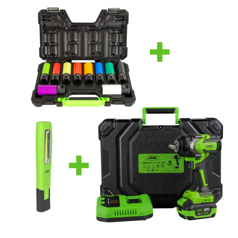 CLÉ À CHOCS SANS BALAI 1/2\" 1000NM + JEU DE 10 DOUILLES D\'IMPACT + LAMPE DE TRAVAIL D´ATELIER