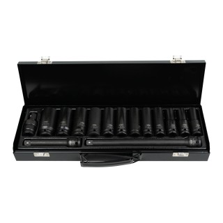JEU 15 PIÈCES À CHOC AVEC 12 DOUILLES LONGUES DE 1/2\" 6 PANS + RÉDUCTEURS