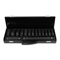 JEU 15 PIÈCES À CHOC AVEC 12 DOUILLES LONGUES DE 1/2\" 6 PANS + RÉDUCTEURS