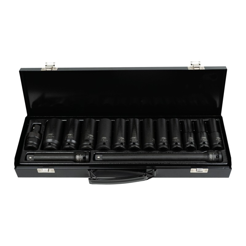 JEU 15 PIÈCES À CHOC AVEC 12 DOUILLES LONGUES DE 1/2\" 6 PANS + RÉDUCTEURS