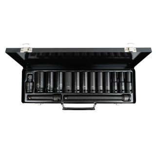 JEU 15 PIÈCES À CHOC AVEC 12 DOUILLES LONGUES DE 1/2\" 6 PANS + RÉDUCTEURS