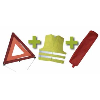 KIT DE SÉCURITÉ + POCHETTE ROUGE AVEC RIVET + GILET FLUO + TRIANGLE DE PRESIGNALITSATION