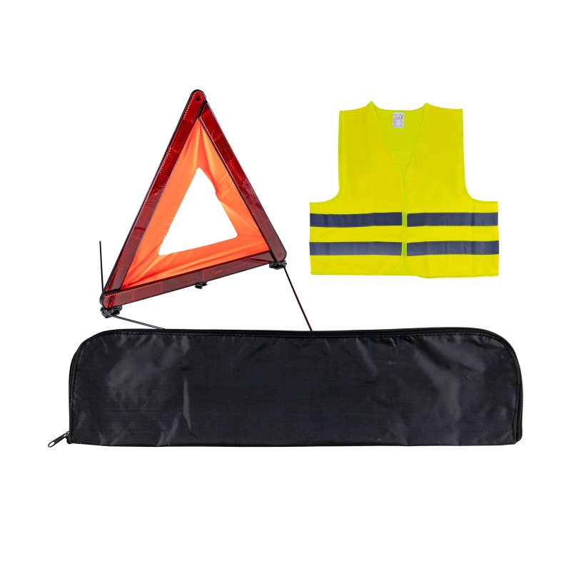 KIT DE SÉCURITÉ + POCHETTE MINIE NOIR + GILET FLUO + TRIANGLE DE PRESIGNALITSATION